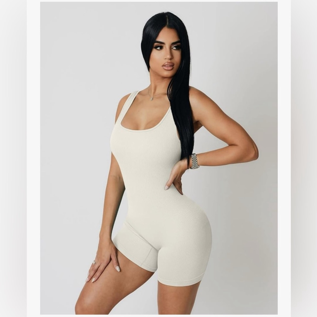 New Workout Romper Yoga Ribbed Square Neck 1 Piece Seamless Tank Top Jumpsuit S